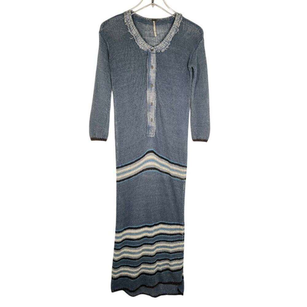 Free People Women's Linen Sweater Knit Duster XS Blue Striped Cozy